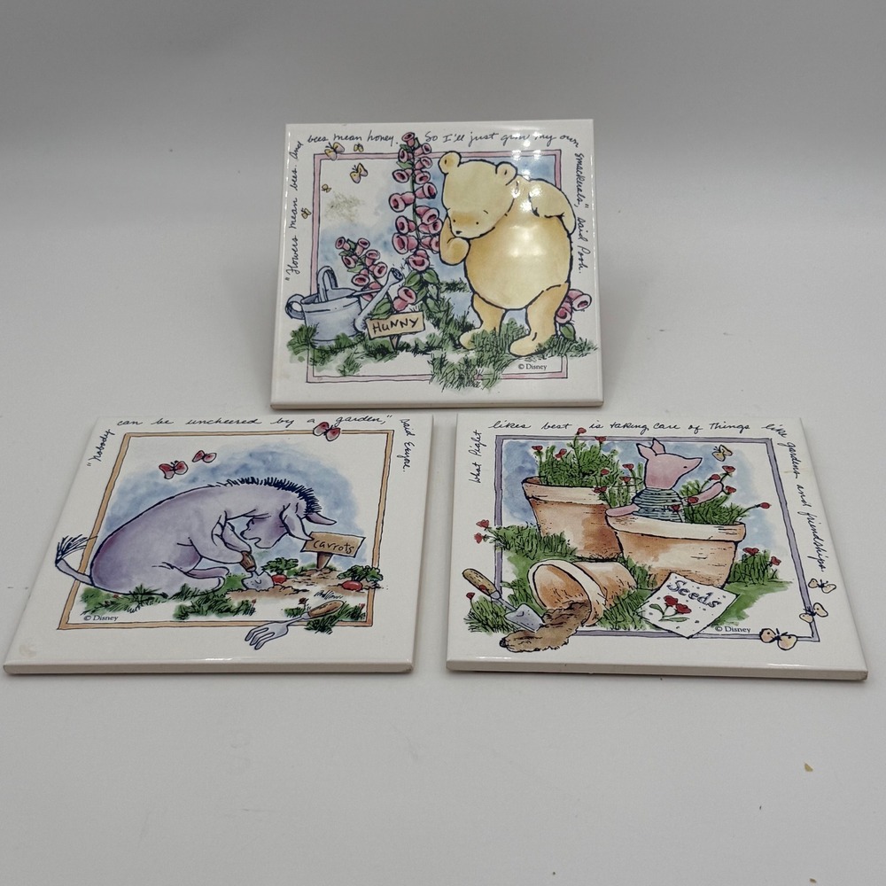 Disney Winnie the Pooh Eeyore Piglet Garden Ceramic Wall Tiles Set of 3 6x6